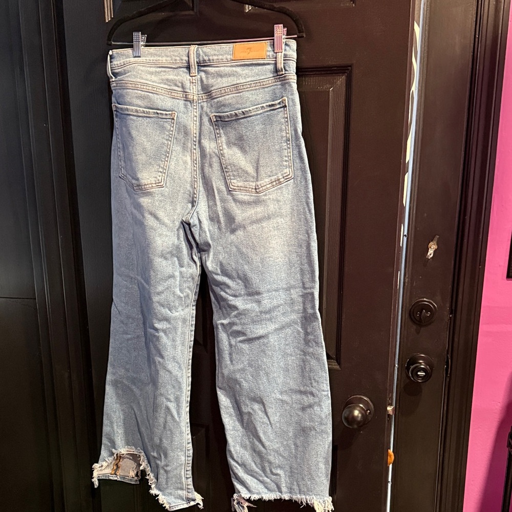 7 For All Mankind Light Blue Denim Jeans with Tan Leather Patch - Picture 2 of 3